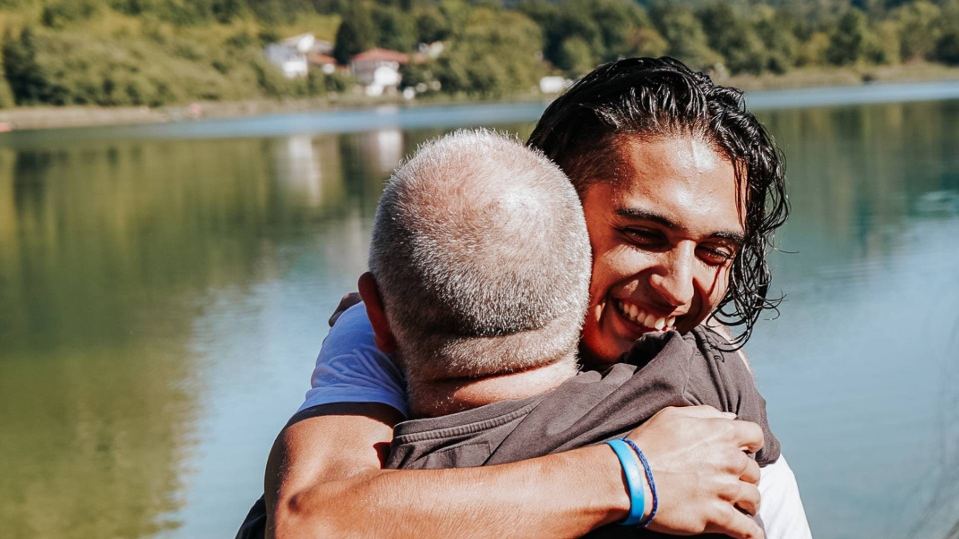 Two people hugging joyfully