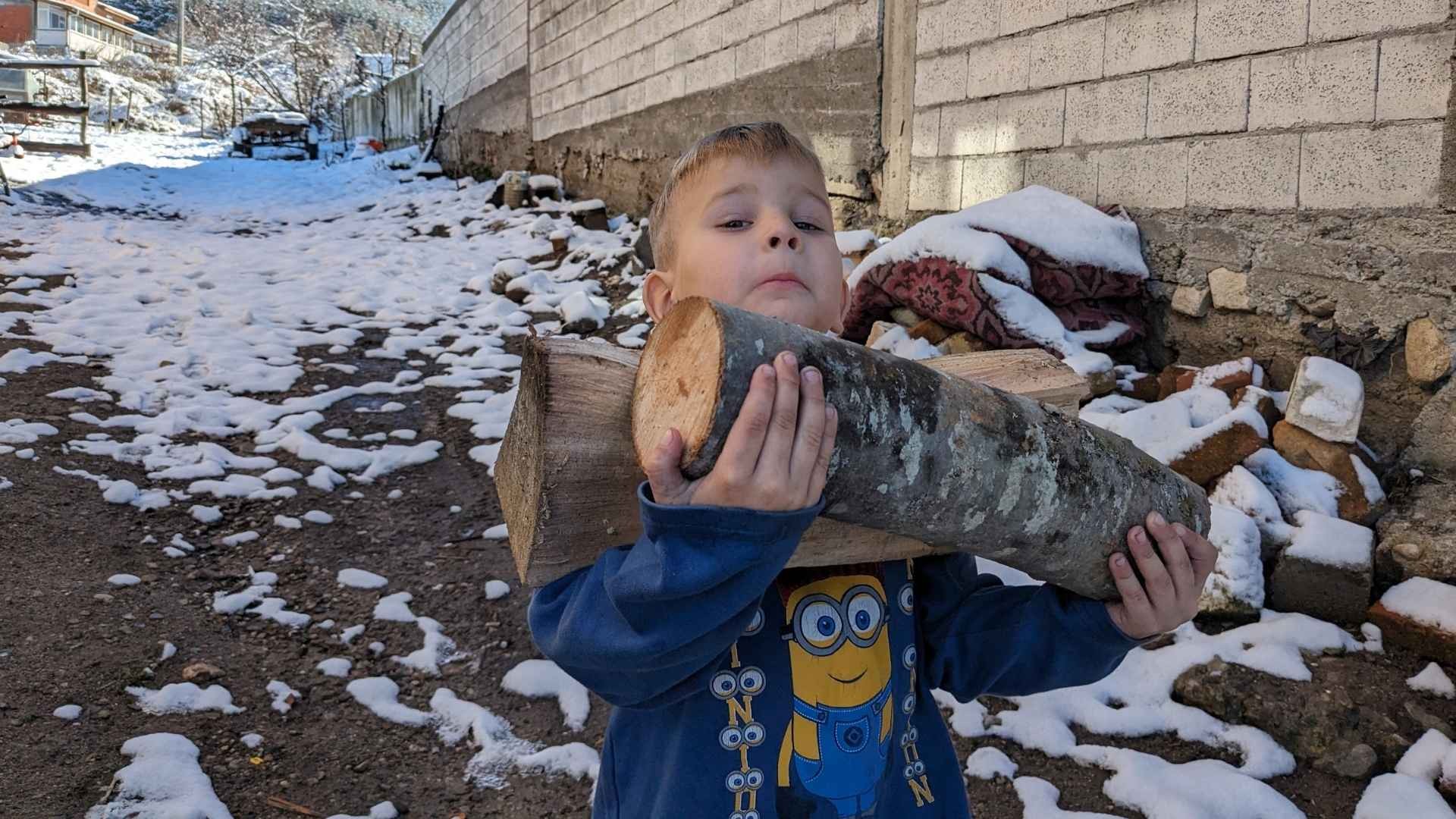 Boy carrying chopped wood