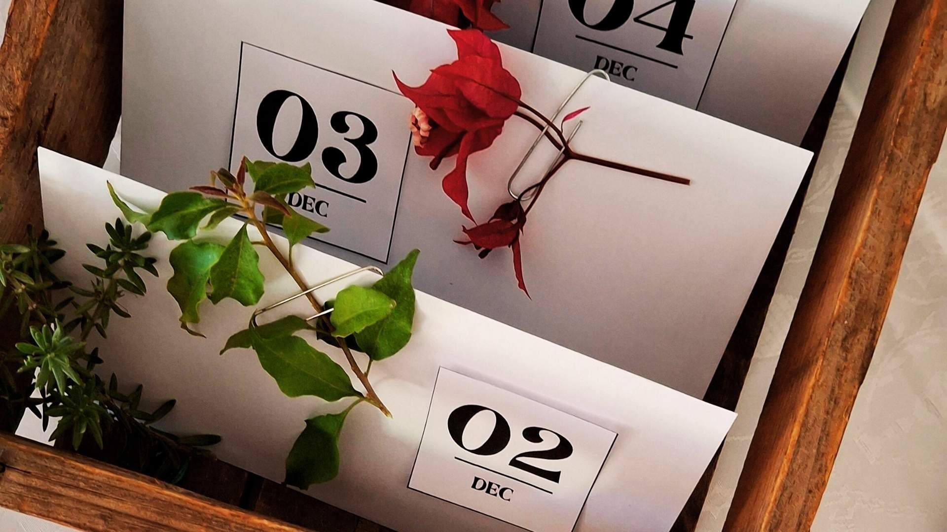 Decorated white envelopes labeled with dates, arranged with festive greenery.