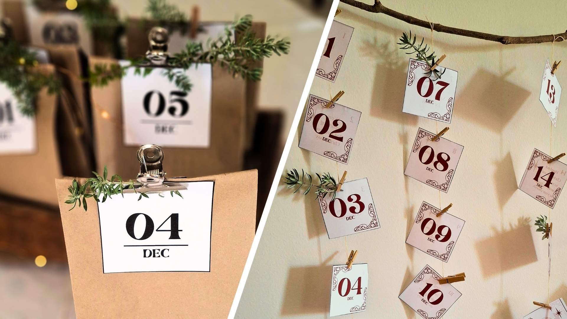 Stringed cards and Decorated paper bags with Christmas greenery