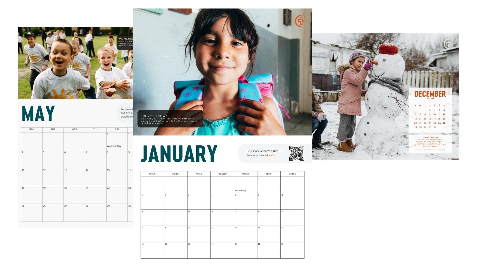 A display of Mission Without Borders’ 2025 calendars in portrait, landscape and wallpaper styles.