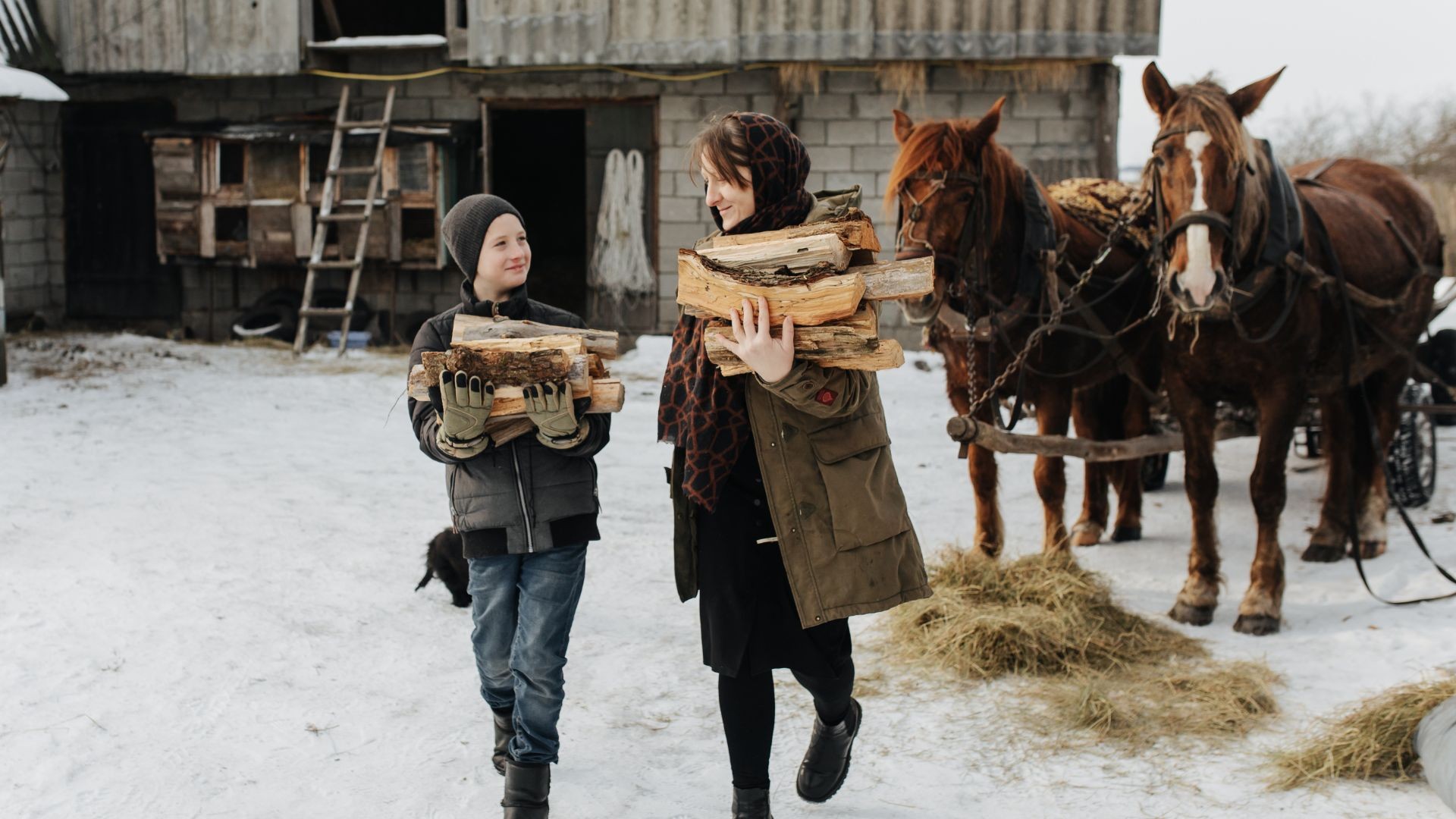 Female and boy carrying chopped wood outside in snow